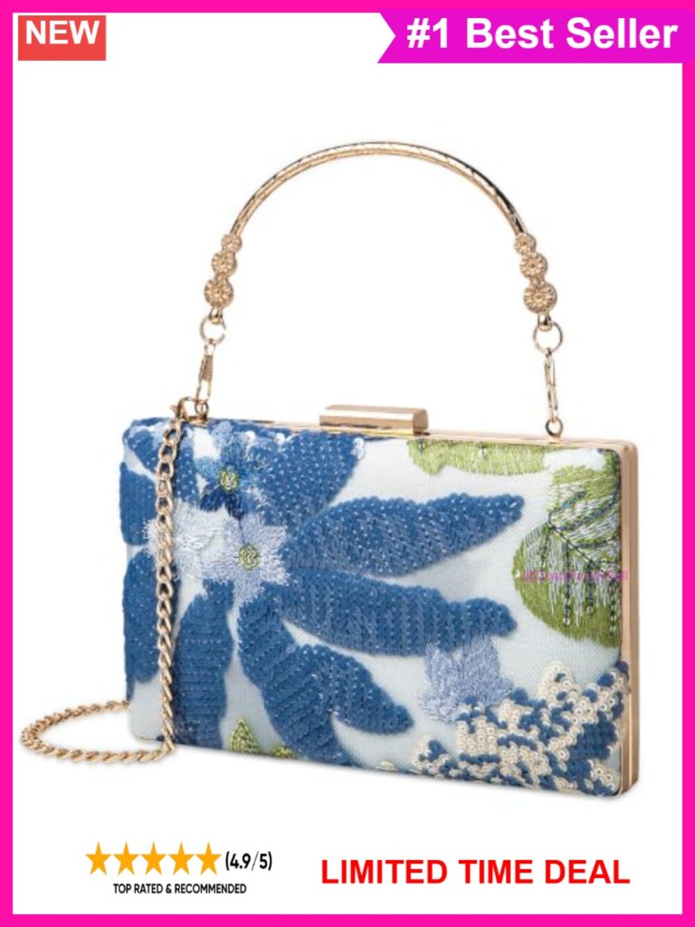 Floral Embroidered Sequin Evening Clutch with Chain Strap